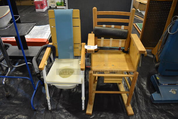 2 Chairs; Wooden and Toilet. 19x24x36, 16x19x35. 2 Times Your Bid! (Middle School Gym)