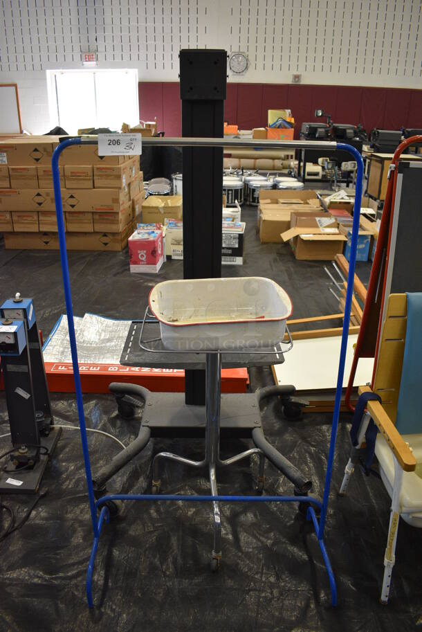 3 Various Metal Items on Casters Including Blue Rack. Includes 30x15x54. 3 Times Your Bid! (Middle School Gym)