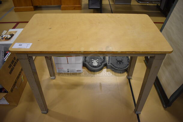 Wood Pattern Table on Metal Legs. 36x20x28. (Chipperfield Elementary Gym)