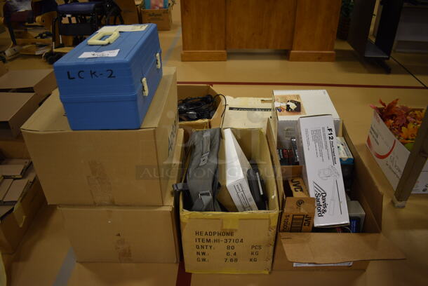 ALL ONE MONEY! Lot of Various Items Including MPC Headphones, Fluid Tripod Head, Professional AVX90 Professional Audio Cassettes. (Chipperfield Elementary Gym)