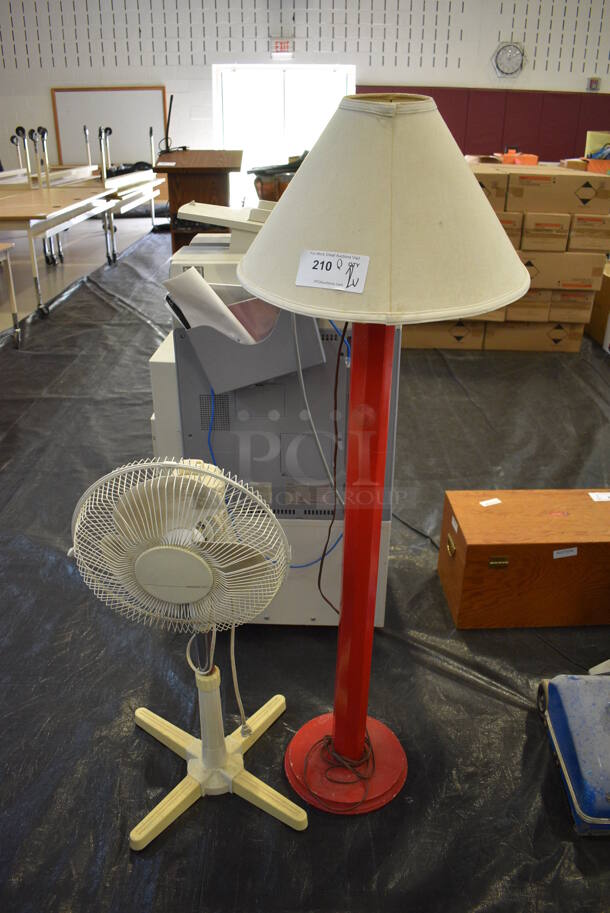 ALL ONE MONEY! Lot of Lamp and Fan. 18x18x54, 15x13x35. (Middle School Gym)
