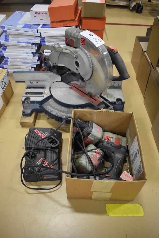 ALL ONE MONEY! Lot of Bosch Power Saw w/ Bosch Drill, 2 Batteries and 2 Battery Chargers. Includes 24x19x18. (Chipperfield Elementary Gym)