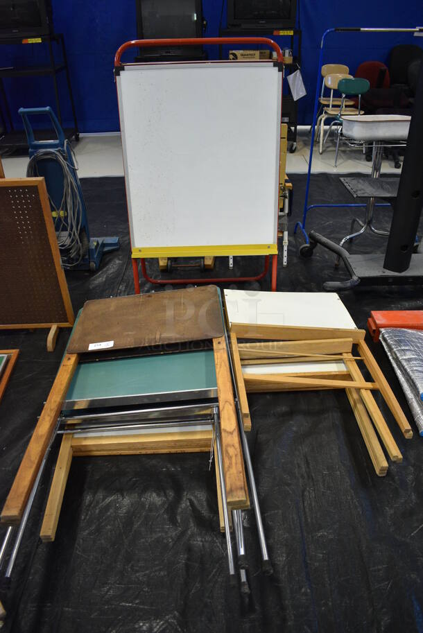 9 Various A Frame Easels w/ White Board, Chalk Board, etc. Includes 26x2x53. 9 Times Your Bid! (Middle School Gym)
