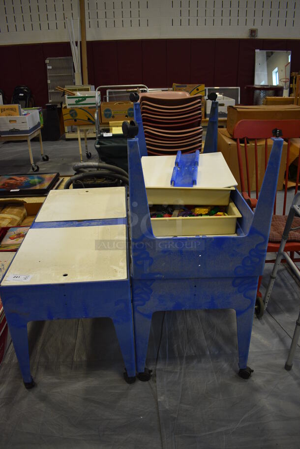 3 Poly Blue and White Tables. 46x21x25. 3 Times Your Bid! (Middle School Gym)