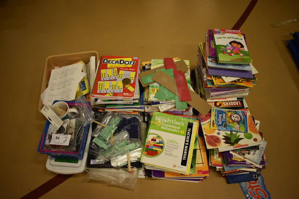ALL ONE MONEY! Lot of Various Books, Workbooks and Paper. (Chipperfield Elementary Gym)