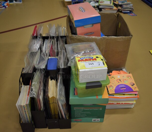 ALL ONE MONEY! Lot of Various Items Including Books, Teacher Guide Books and Overhead Math Pieces. (Chipperfield Elementary Gym)