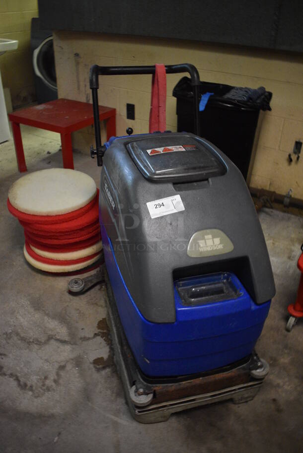 Windsor Model SCC172 Metal Commercial Floor Cleaning Machine w/ 10 Cleaning Pads and 2 New Blades. BUYER MUST REMOVE. 30x40x39. Tested and Working! (basement) - Image 1 of 12