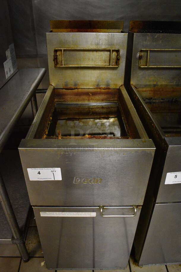 2015 Dean Model SR42GN Stainless Steel Commercial Natural Gas Powered Deep Fat Fryer. Unit Will Be Emptied of Oil Shown In Pictures. 105,000 BTU. Item Was in Working Condition on Last Day of Business. 15.5x30x47. (kitchen) - Image 1 of 7