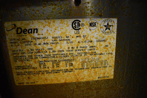 2015 Dean Model SR42GN Stainless Steel Commercial Natural Gas Powered Deep Fat Fryer. Unit Will Be Emptied of Oil Shown In Pictures. 105,000 BTU. Item Was in Working Condition on Last Day of Business. 15.5x30x47. (kitchen) - Image 7 of 7