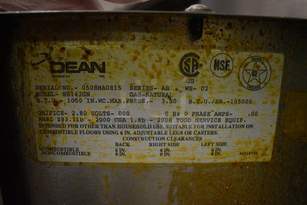 Dean Model SR42GN Stainless Steel Commercial Natural Gas Powered Deep Fat Fryer. Unit Will Be Emptied of Oil Shown In Pictures. 105,000 BTU. Item Was in Working Condition on Last Day of Business. 15.5x30x47. (kitchen) - Image 6 of 6