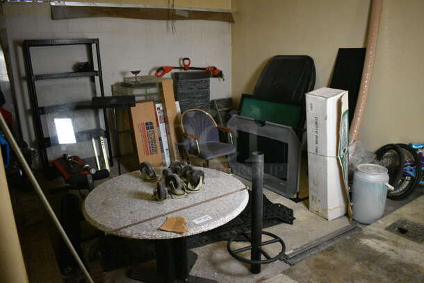 ALL ONE MONEY! Lot of Various Items Including Table, Bench, Chair, Weedwhacker and Bicycle. BUYER MUST REMOVE. (basement)