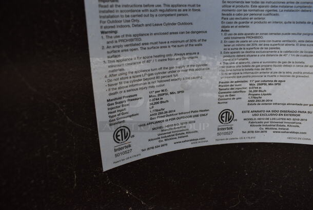 Hampton Bay Model HD10 Metal Floor Style Propane Gas Powered Outdoor Patio Heater. 38,200 BTU. 32x32x94 - Image 7 of 7