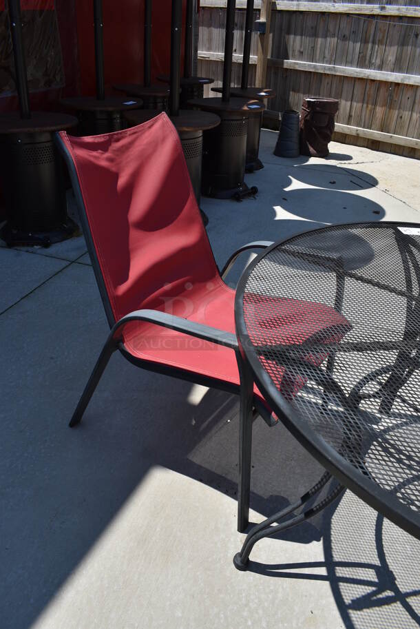 Black Mesh Metal Patio Table w/ 3 Patio Chairs; 2 Red and 1 Blue. 48x48x28, 25x30x37. (patio) - Image 2 of 5