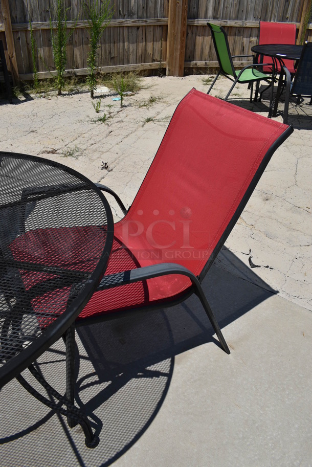 Black Mesh Metal Patio Table w/ 3 Patio Chairs; 2 Red and 1 Blue. 48x48x28, 25x30x37. (patio) - Image 3 of 5
