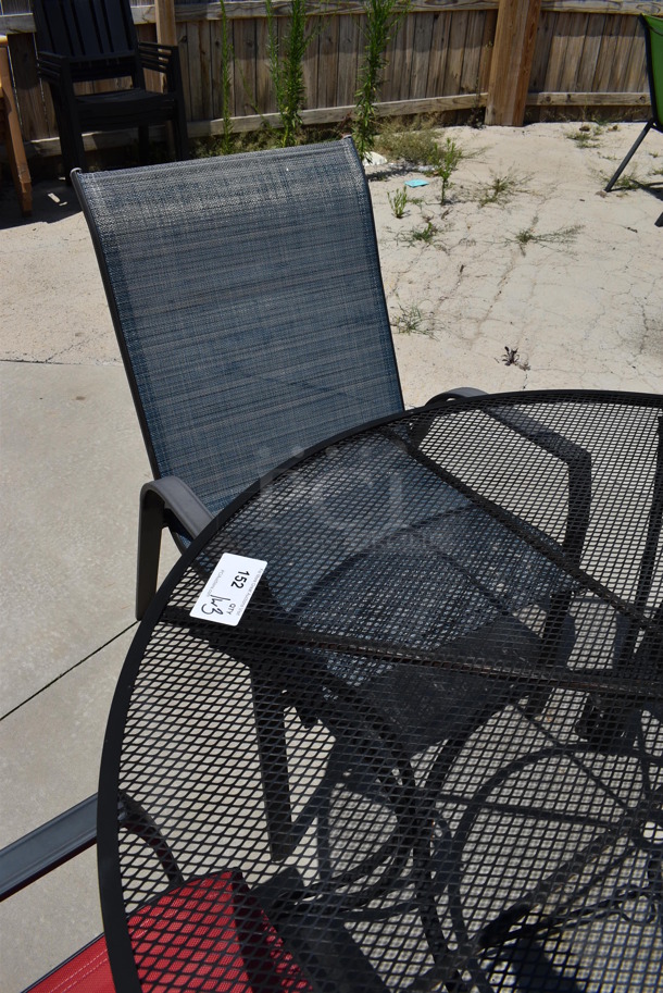Black Mesh Metal Patio Table w/ 3 Patio Chairs; 2 Red and 1 Blue. 48x48x28, 25x30x37. (patio) - Image 4 of 5