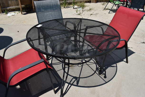 Black Mesh Metal Patio Table w/ 3 Patio Chairs; 2 Red and 1 Blue. 48x48x28, 25x30x37. (patio) - Image 5 of 5