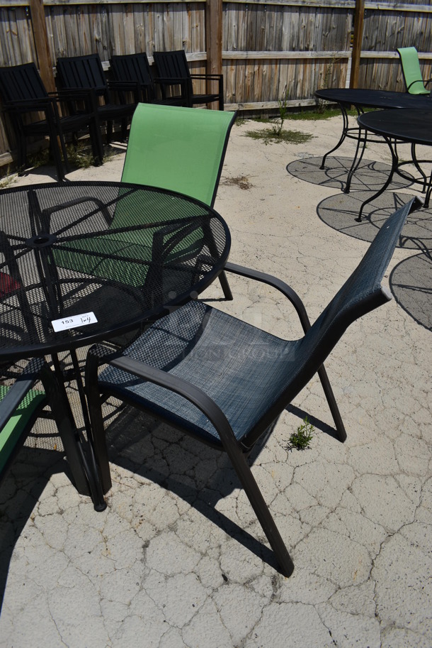 Black Mesh Metal Patio Table w/ 4 Patio Chairs; 2 Green, 1 Red and 1 Blue. 48x48x28, 25x30x37. (patio) - Image 3 of 4