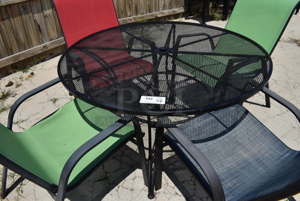 Black Mesh Metal Patio Table w/ 4 Patio Chairs; 2 Green, 1 Red and 1 Blue. 48x48x28, 25x30x37. (patio) - Image 4 of 4