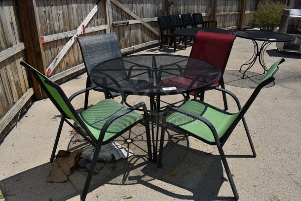 Black Mesh Metal Patio Table w/ 4 Patio Chairs; 2 Green, 1 Red and 1 Blue. 48x48x28, 25x30x37. (patio)