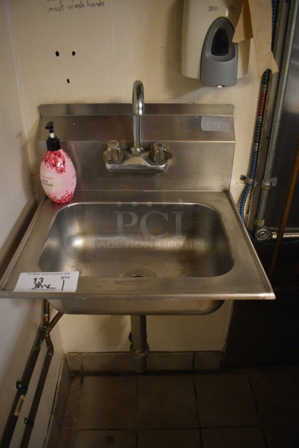 Stainless Steel Single Bay Wall Mount Sink w/ Faucet and Handles. BUYER MUST REMOVE. 18x16.5x19. (kitchen)