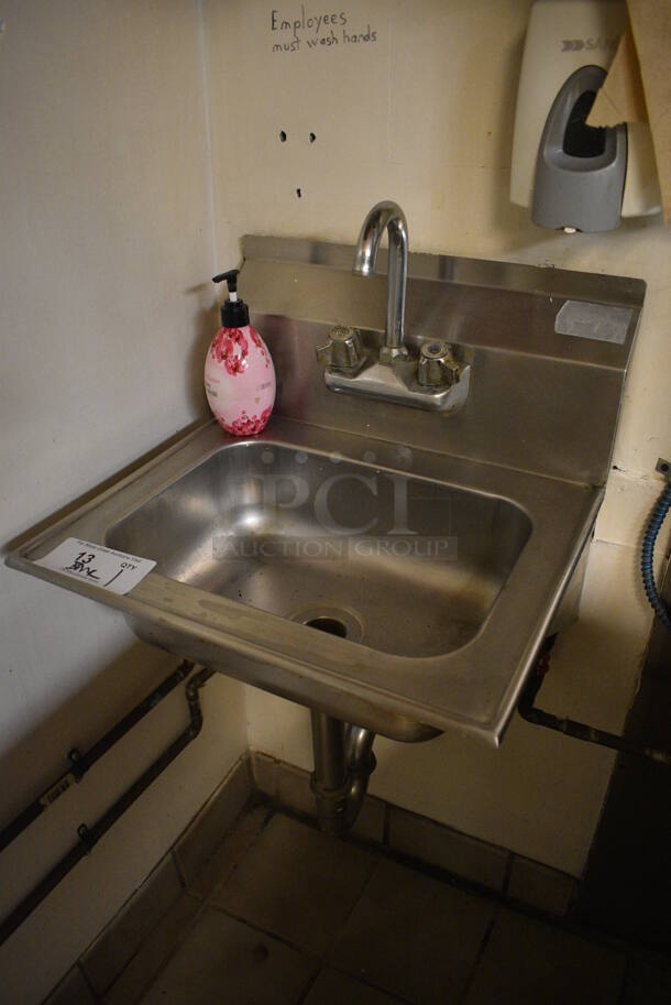 Stainless Steel Single Bay Wall Mount Sink w/ Faucet and Handles. BUYER MUST REMOVE. 18x16.5x19. (kitchen) - Image 2 of 4