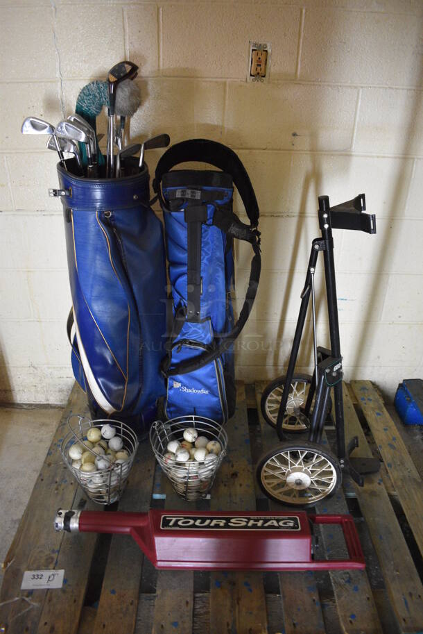 PALLET LOT of 2 Golf Club Bags, 2 Bins of Golf Balls, Bag Stand and 10 Clubs. (basement)