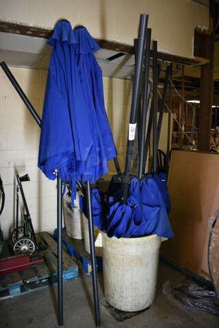10 Blue Patio Umbrellas and 2 Trash Cans of Umbrella Bases. 87". 10 Times Your Bid! (basement)