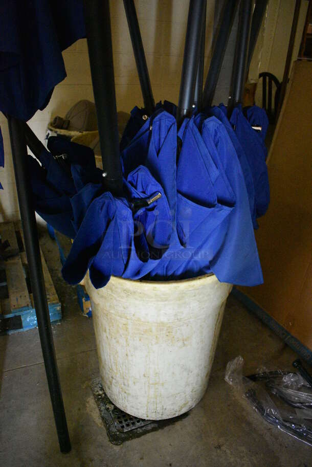 10 Blue Patio Umbrellas and 2 Trash Cans of Umbrella Bases. 87". 10 Times Your Bid! (basement) - Image 3 of 5