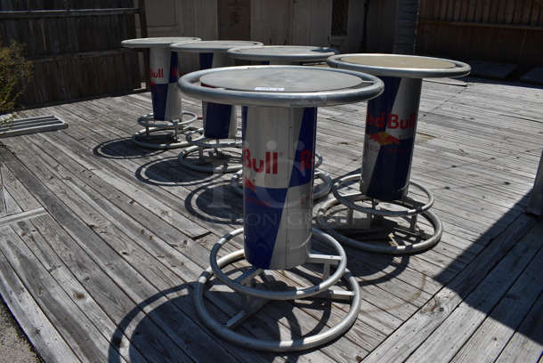 5 Gray Metal Red Bull Bar Height Tables w/ Footrest Rail. 34x34x44. 5 Times Your Bid! (patio)