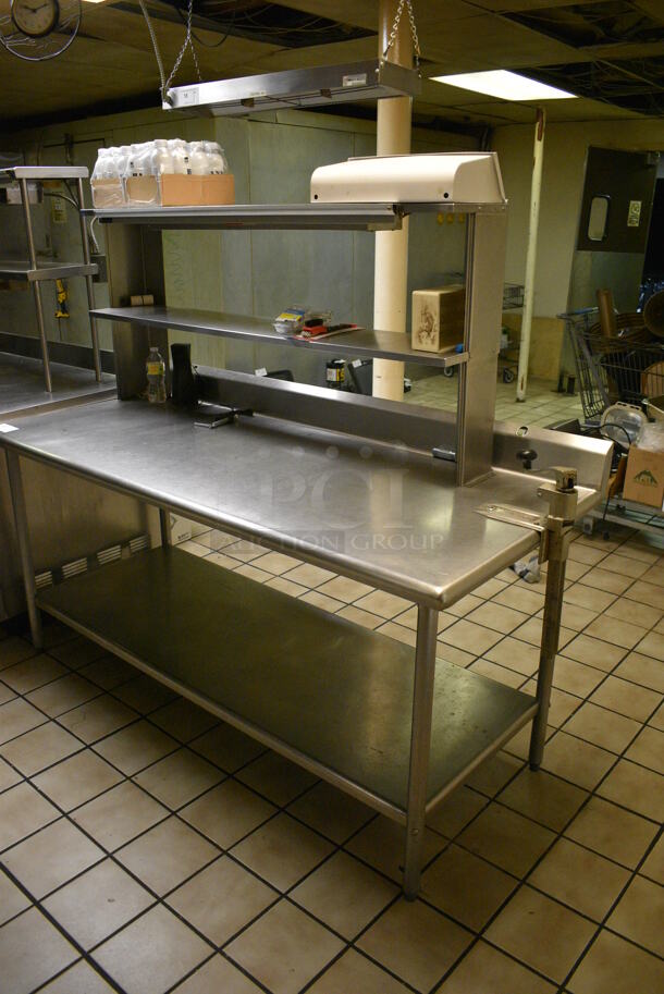 Stainless Steel Commercial Table w/ Cecilware Heat Strip, Back Splash, Can Opener in Mount, Dual Over Shelf and Under Shelf. Does Not Come w/ Contents. BUYER MUST REMOVE. 72x30x61. (kitchen)