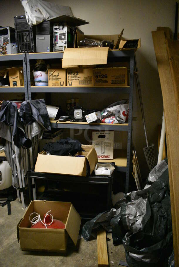 ALL ONE MONEY! Room Lot of Various Shelving and Contents Including Glassware, Computer Towers For Parts, Spools of Wire, Cleaner and Metal Cabinet. BUYER MUST REMOVE. (basement) - Image 1 of 12