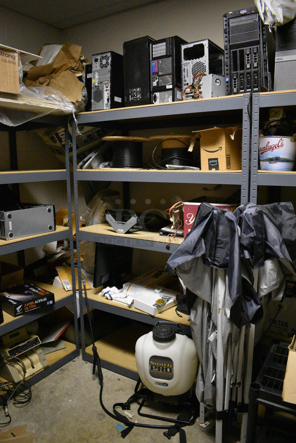 ALL ONE MONEY! Room Lot of Various Shelving and Contents Including Glassware, Computer Towers For Parts, Spools of Wire, Cleaner and Metal Cabinet. BUYER MUST REMOVE. (basement) - Image 2 of 12