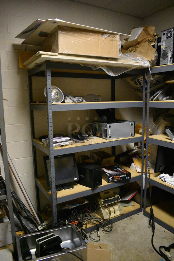 ALL ONE MONEY! Room Lot of Various Shelving and Contents Including Glassware, Computer Towers For Parts, Spools of Wire, Cleaner and Metal Cabinet. BUYER MUST REMOVE. (basement) - Image 3 of 12
