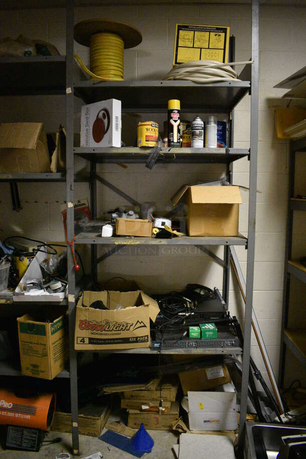 ALL ONE MONEY! Room Lot of Various Shelving and Contents Including Glassware, Computer Towers For Parts, Spools of Wire, Cleaner and Metal Cabinet. BUYER MUST REMOVE. (basement) - Image 4 of 12