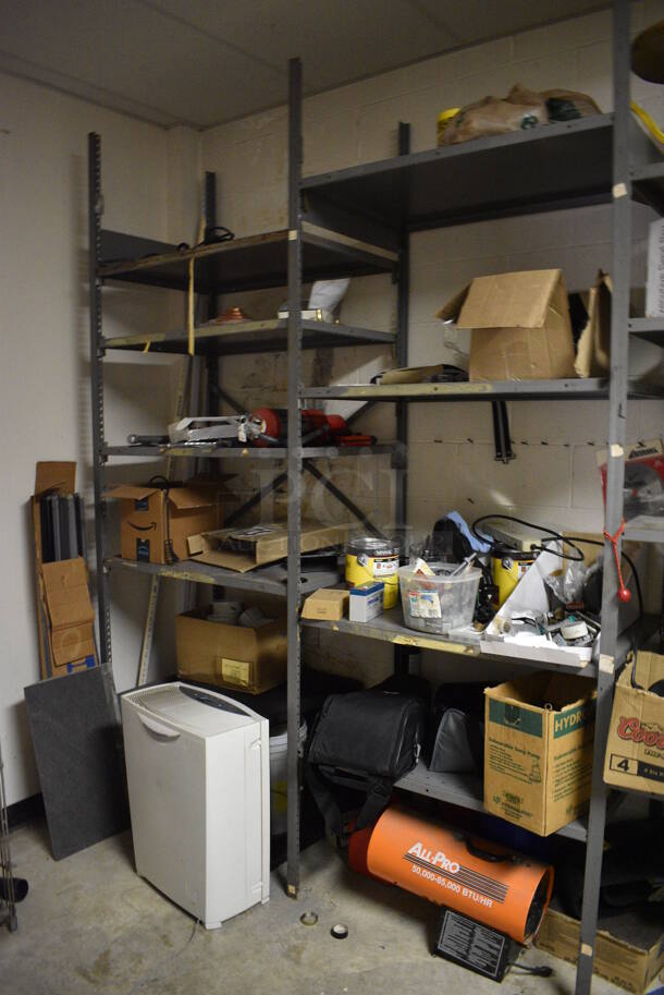 ALL ONE MONEY! Room Lot of Various Shelving and Contents Including Glassware, Computer Towers For Parts, Spools of Wire, Cleaner and Metal Cabinet. BUYER MUST REMOVE. (basement) - Image 5 of 12