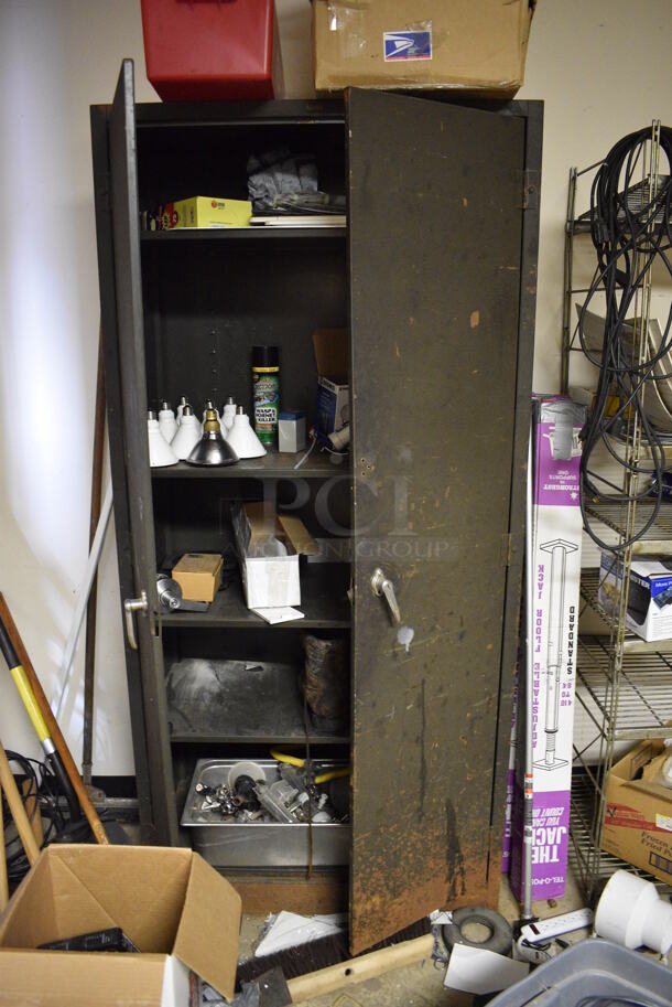 ALL ONE MONEY! Room Lot of Various Shelving and Contents Including Glassware, Computer Towers For Parts, Spools of Wire, Cleaner and Metal Cabinet. BUYER MUST REMOVE. (basement) - Image 7 of 12