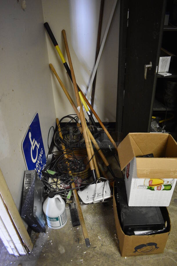 ALL ONE MONEY! Room Lot of Various Shelving and Contents Including Glassware, Computer Towers For Parts, Spools of Wire, Cleaner and Metal Cabinet. BUYER MUST REMOVE. (basement) - Image 8 of 12