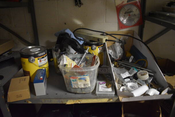 ALL ONE MONEY! Room Lot of Various Shelving and Contents Including Glassware, Computer Towers For Parts, Spools of Wire, Cleaner and Metal Cabinet. BUYER MUST REMOVE. (basement) - Image 12 of 12