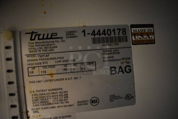 True Model TWT-67 Stainless Steel Commercial 2 Door Work Top Cooler on Commercial Casters. Does Not Come w/ Over Shelf. 115 Volts, 1 Phase. 67.5x32x39. Tested and Working! (kitchen) - Image 5 of 5