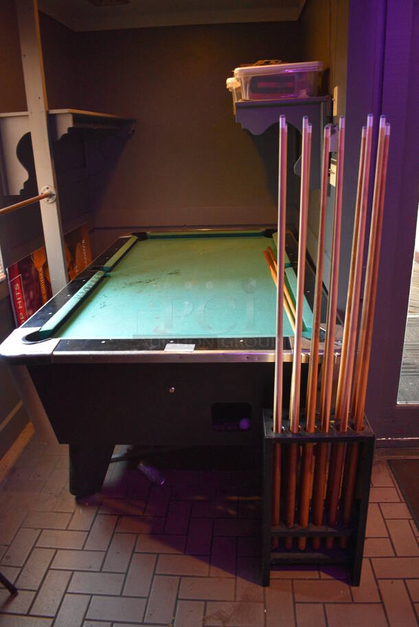 Great American Eagle Coin Operated Pool Table w/ 12 Pool Cues, Cue Rack. BUYER MUST REMOVE. 92x52x32. (vestibule)