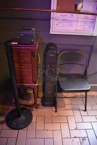 ALL ONE MONEY! Lot of Wooden Jewelry Box, Epson Receipt Printer, Metal Folding Chair, Stanchion and Heater/Fan. (vestibule)