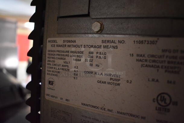 Manitowoc Model SY0604A Stainless Steel Commercial Ice Head on Commercial Ice Bin. BUYER MUST REMOVE. 208-230 Volts, 1 Phase. 30x36x72. Tested and Powers On But Does Not Function. (basement) - Image 5 of 7