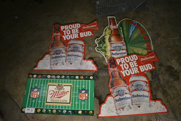 4 Various Metal Signs; 3 Budweiser and 1 Miller. Includes 30x29. 4 Times Your Bid! (basement)