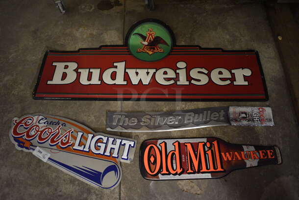 4 Various Metal Signs; 2 Coors, Budweiser, Old Milwaukee. Includes 60x24. 4 Times Your Bid! (basement)