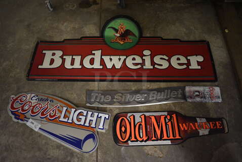 4 Various Metal Signs; 2 Coors, Budweiser, Old Milwaukee. Includes 60x24. 4 Times Your Bid! (basement)
