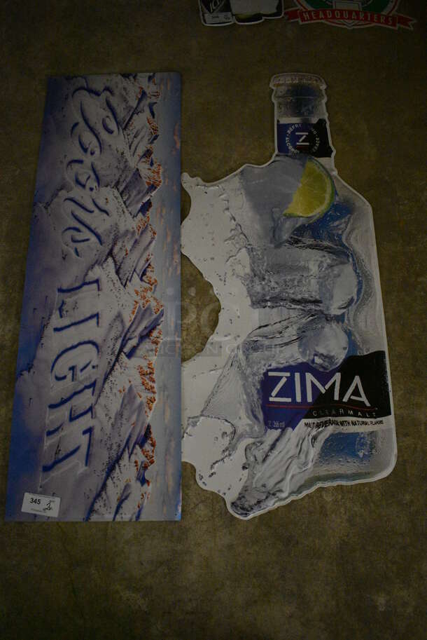 2 Various Metal Signs; Zima and Coors Light. 28x57, 59x19. 2 Times Your Bid! (basement)