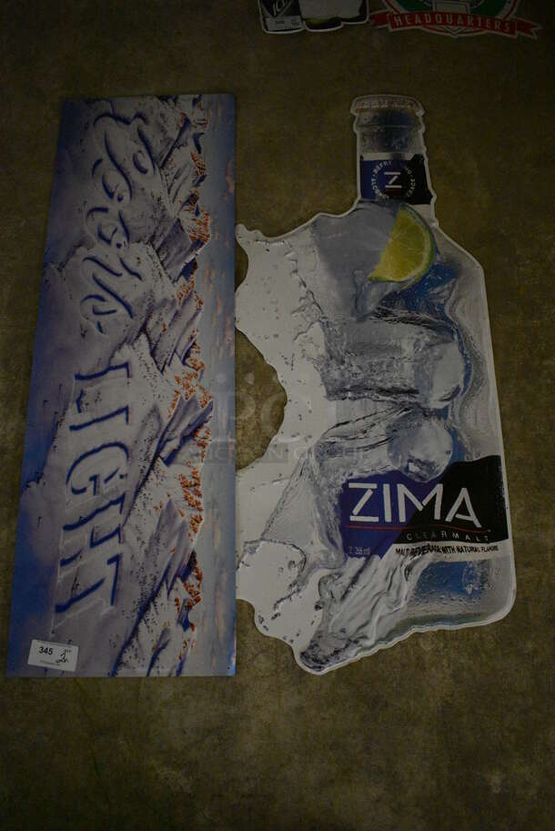 2 Various Metal Signs; Zima and Coors Light. 28x57, 59x19. 2 Times Your Bid! (basement) - Image 1 of 3