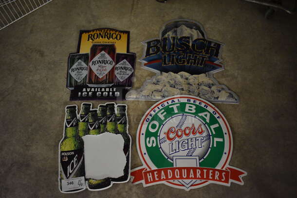 4 Various Metal Signs; Ronrico, Busch Light, Coors Light and Molson. Includes 22x19. 4 Times Your Bid! (basement)