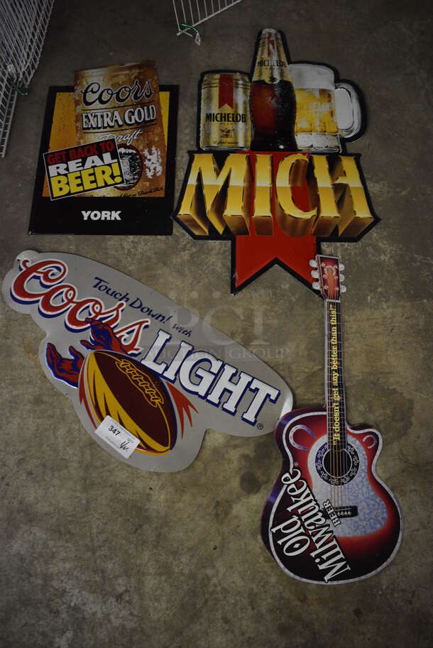 4 Various Metal Signs; Coors, Mich, Coors Light and Old Milwaukee. Includes 31x15. 4 Times Your Bid! (basement)