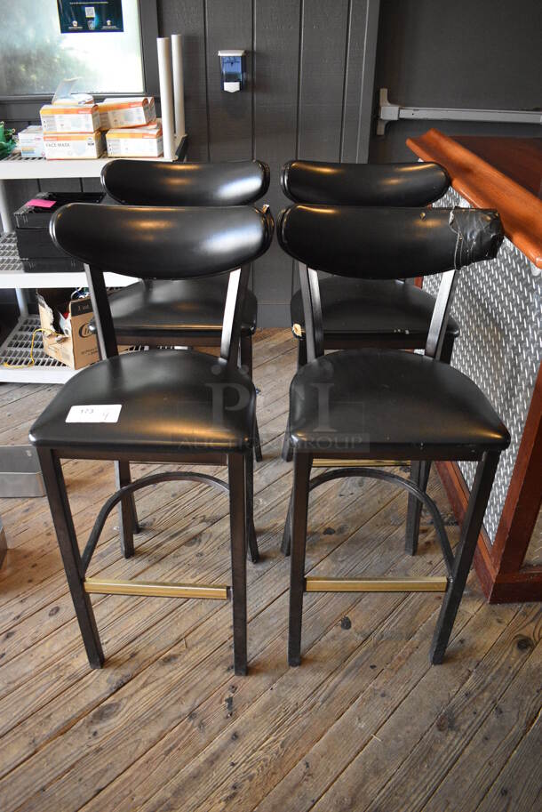 4 Metal Bar Height Chairs w/ Black Cushions. 18x16x43. 4 Times Your Bid! (vestibule)